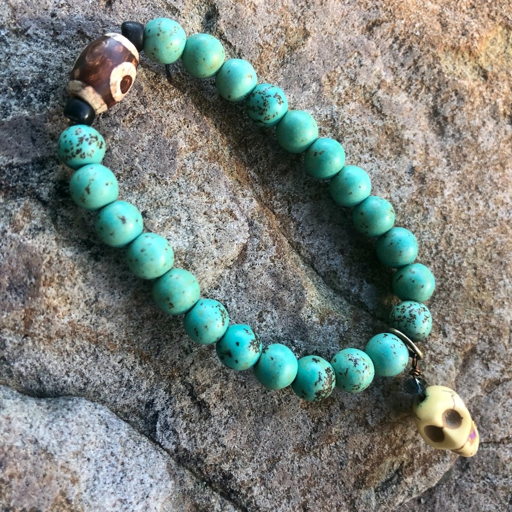 Beaded Bracelet, one of a kind, turquoise, brown & ivory colors